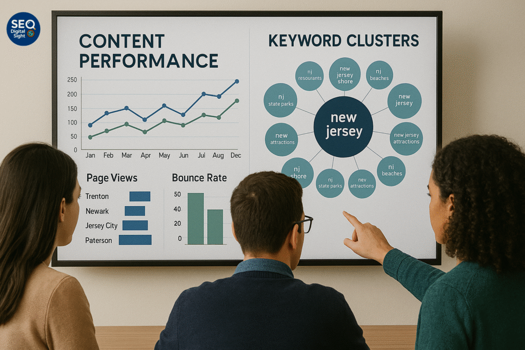 Content marketing and AI keyword analysis supporting SEO services in New Jersey for higher visibility