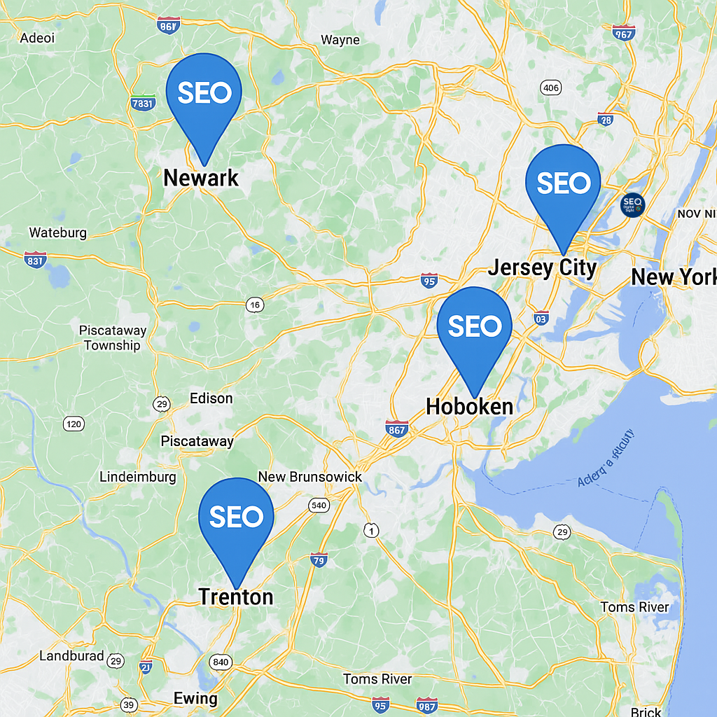 Local SEO optimization for New Jersey cities including Newark, Jersey City, Hoboken, and Trenton to improve map rankings
