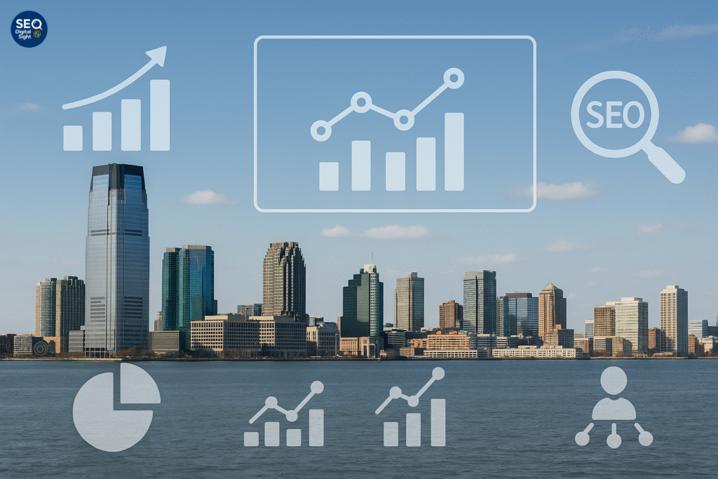 New Jersey skyline with SEO analytics overlay representing digital growth through professional NJ SEO services