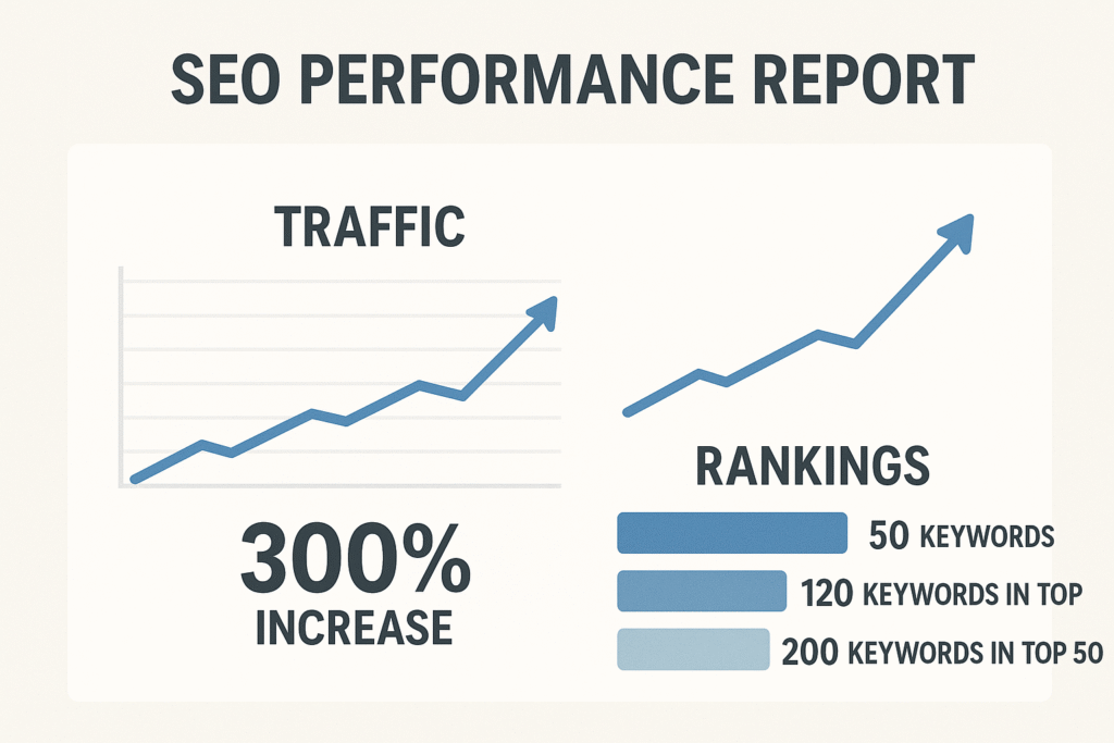 SEO performance report showing website traffic growth and ranking improvements