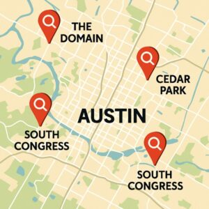 Interactive map showing Austin neighborhoods with local SEO optimization points including Domain, Downtown, South Congress, and Cedar Park