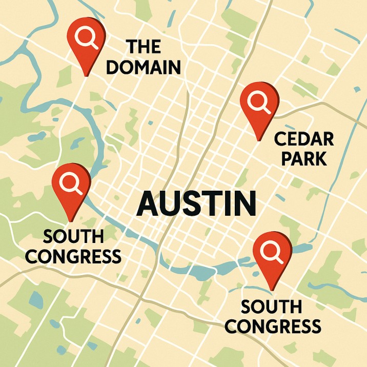 Interactive map showing Austin neighborhoods with local SEO optimization points including Domain, Downtown, South Congress, and Cedar Park