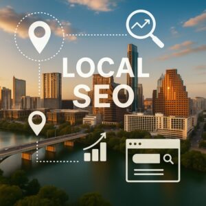 Austin Texas skyline showing downtown business district with digital SEO marketing overlay representing local search optimization