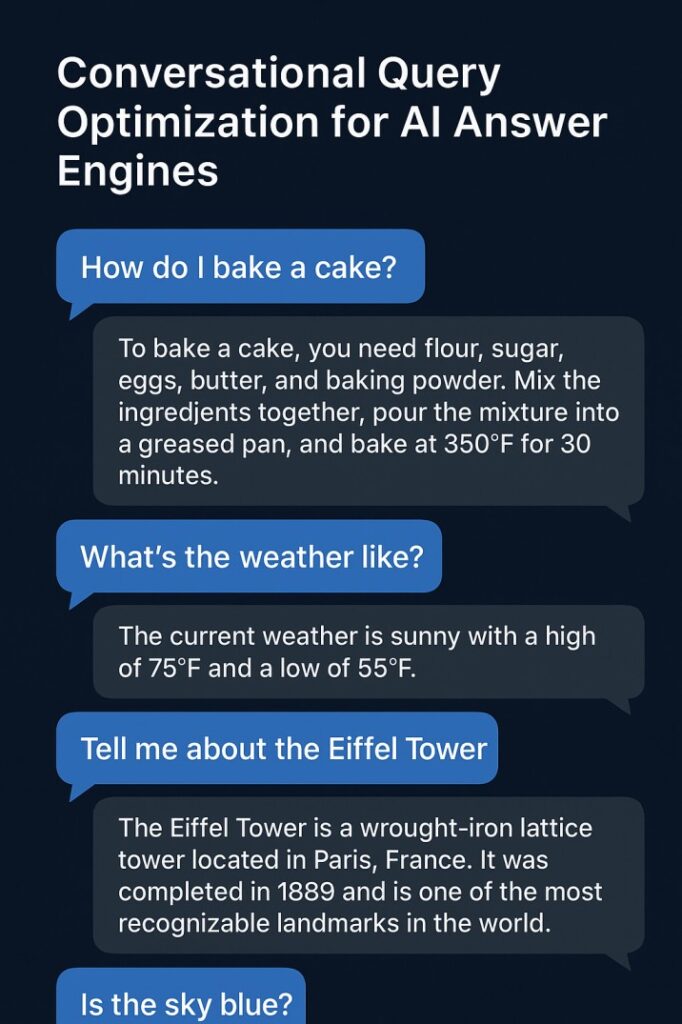 Examples of conversational questions and voice queries showing how AEO services optimize content for natural language AI search patterns and ChatGPT queries