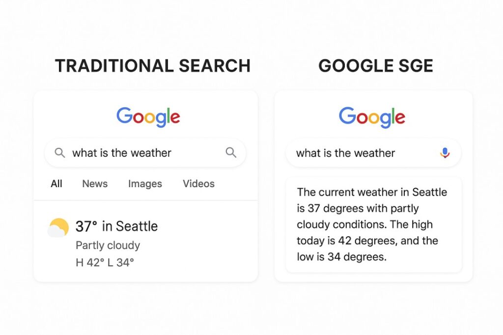 Side by side comparison showing traditional Google search results versus new SGE AI powered search interface with conversational answers