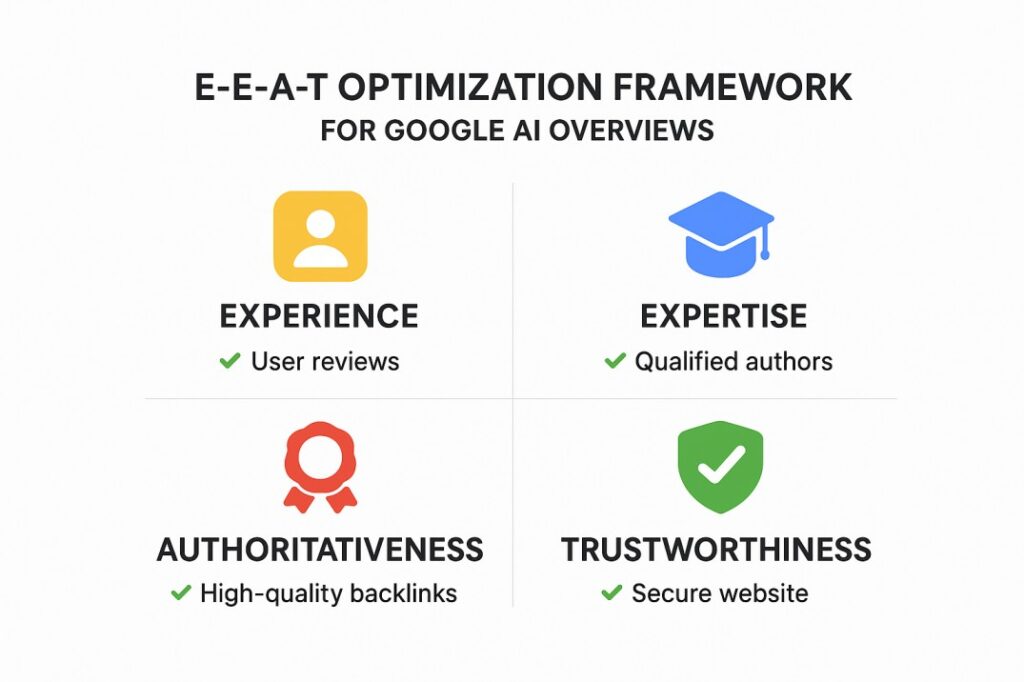 Infographic showing four pillars of EEAT experience expertise authoritativeness trustworthiness with optimization checkpoints