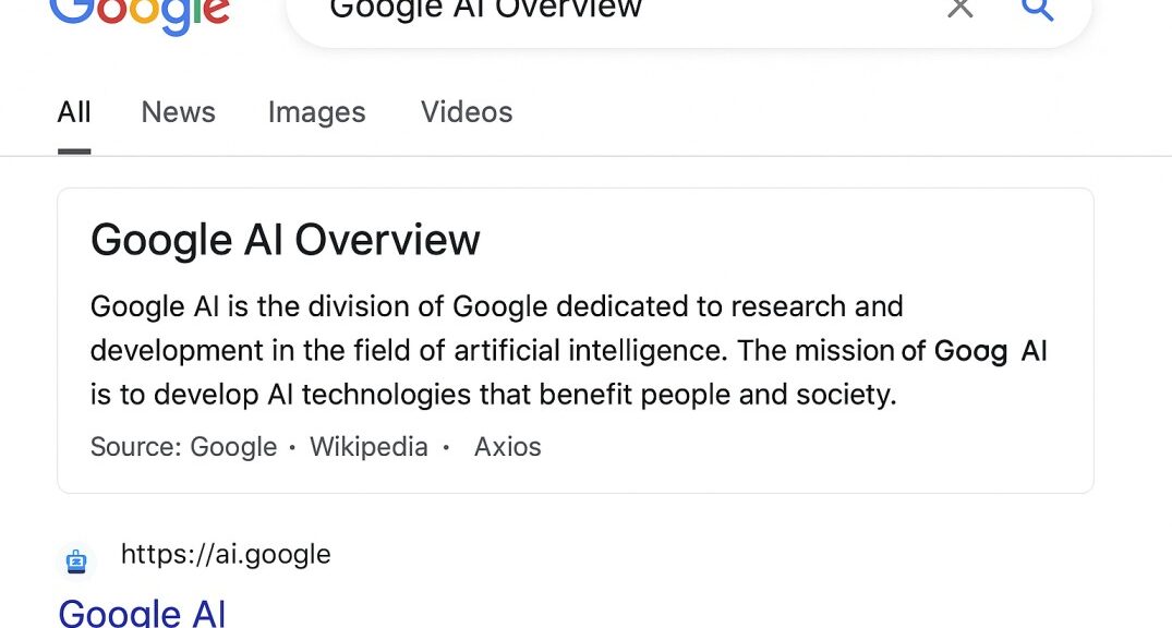 Screenshot showing Google AI Overview at top of search results with cited sources and conversational answer format