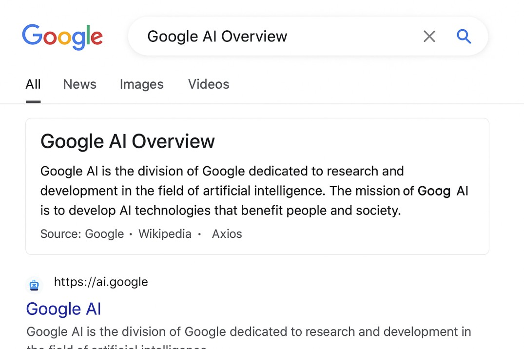 Screenshot showing Google AI Overview at top of search results with cited sources and conversational answer format
