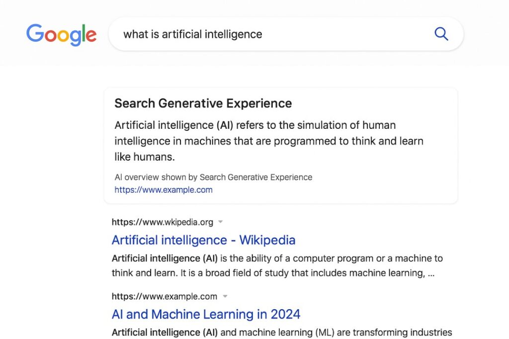 Google Search Generative Experience showing AI-generated answers above traditional search results with source citations