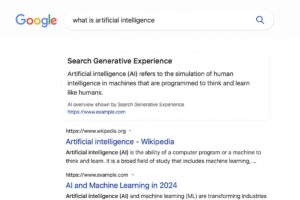 Google Search Generative Experience showing AI-generated answers above traditional search results with source citations