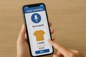 Shopper using voice search for product recommendations on mobile.