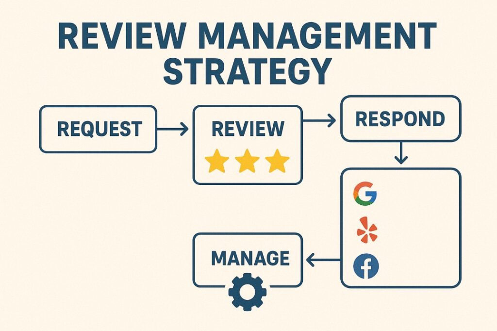 Flowchart showing customer review generation process from request to response including multiple review platforms and management strategies