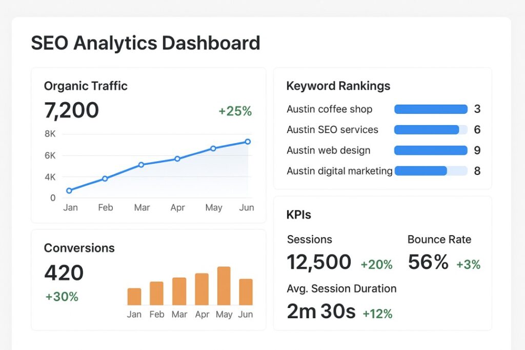 SEO analytics dashboard displaying organic traffic growth, keyword rankings, and conversion metrics for Austin business