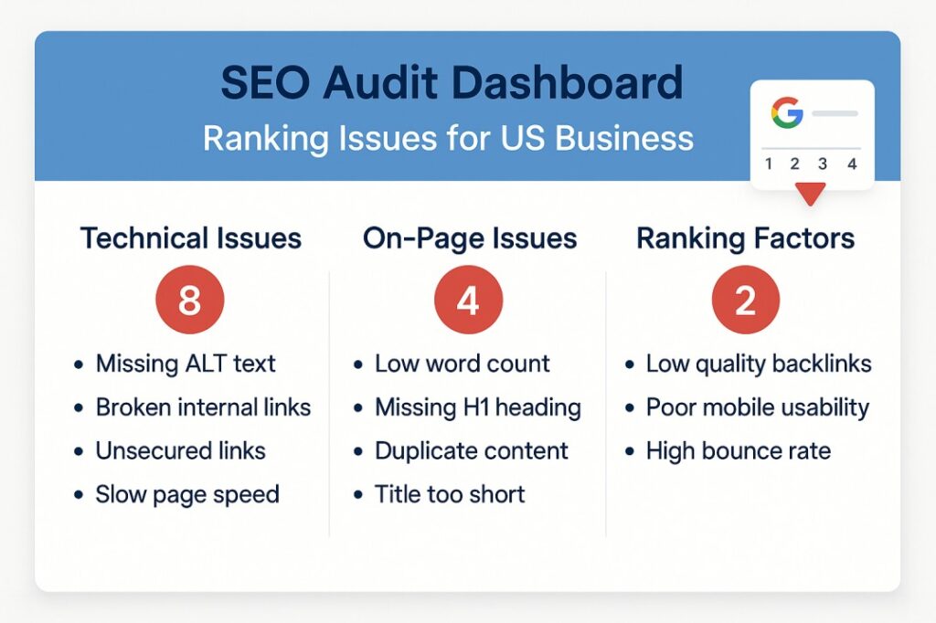 Comprehensive SEO audit dashboard displaying technical issues on page problems and ranking factors preventing US business from reaching number one position on Google