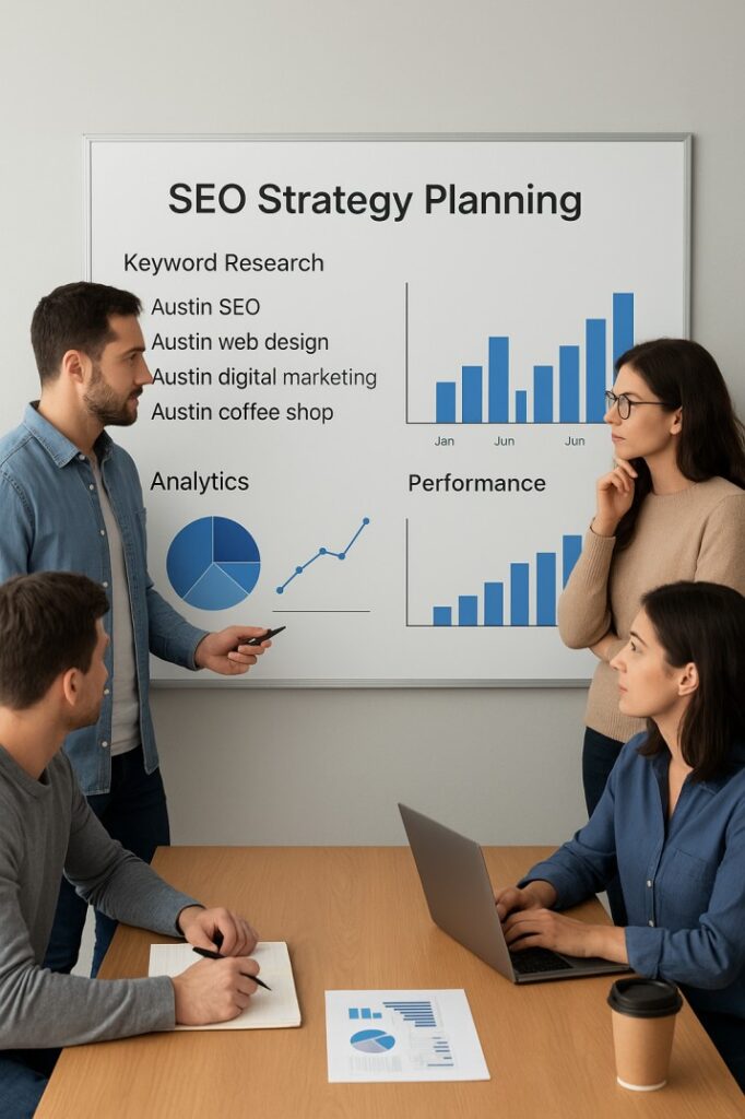 Digital marketing team planning Austin SEO strategy with keyword research, analytics, and performance charts