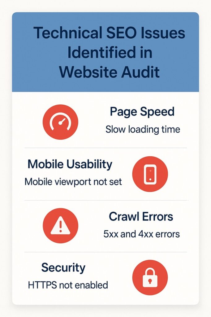 Visual breakdown of common technical SEO issues including page speed problems mobile usability errors crawl errors and security vulnerabilities found during SEO audit