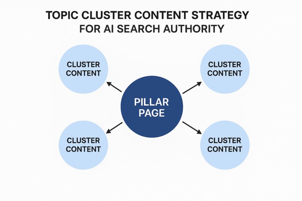 Hub and spoke diagram showing pillar page connected to cluster content pages with internal linking structure for topical authority building