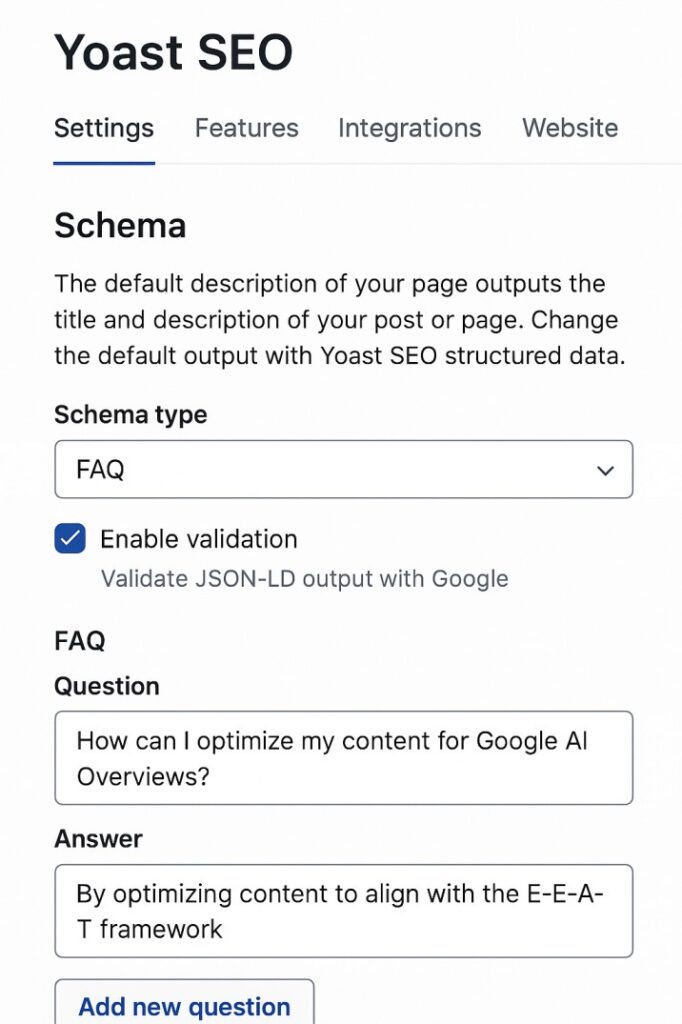 Screenshot of Yoast SEO plugin schema settings page showing FAQ schema configuration and validation options