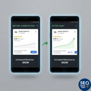 Before/after Google Business Profile screenshots showing review growth