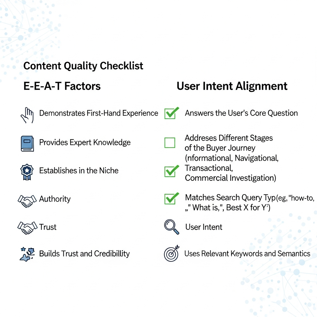 SEO content evaluation matrix displaying experience, expertise, authority, trust signals, and search intent match factors for ranking content