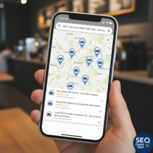 Smartphone displaying Google search results for SEO services near me with local New Jersey businesses, map pack listings, and contact information