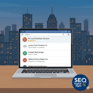 Google search results showing local New Jersey small business in top position above national corporate competitors for local service query