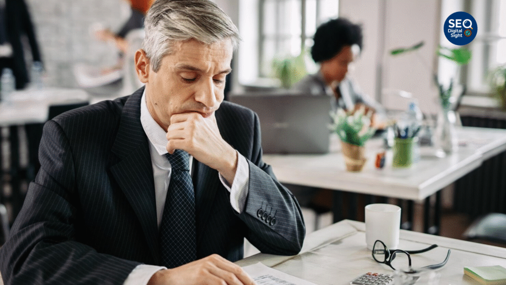 Small accounting firm owner reviewing declining client inquiry numbers and business growth challenges"