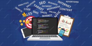 Website template design showing programmatic SEO framework with variable content fields for automated page generation