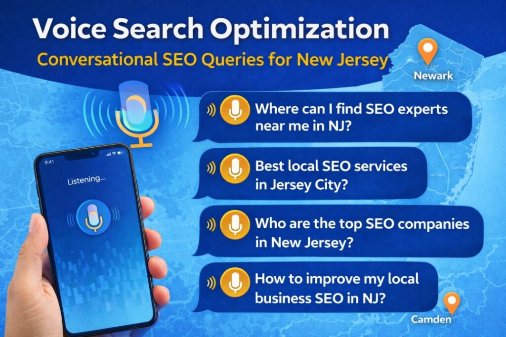Person using voice search on smartphone asking for local SEO services with AI generated results showing New Jersey businesses
