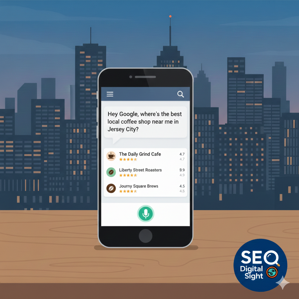 Mobile phone displaying voice search results with local New Jersey small businesses featured prominently in AI generated answers and recommendations