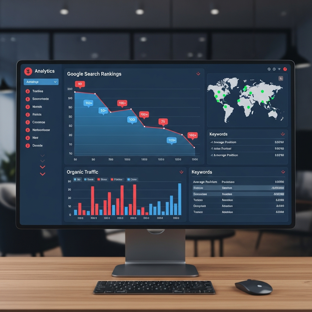 Analytics screen displaying website stuck on page 3 of Google with minimal organic traffic, bounce rate metrics, and ranking position graph